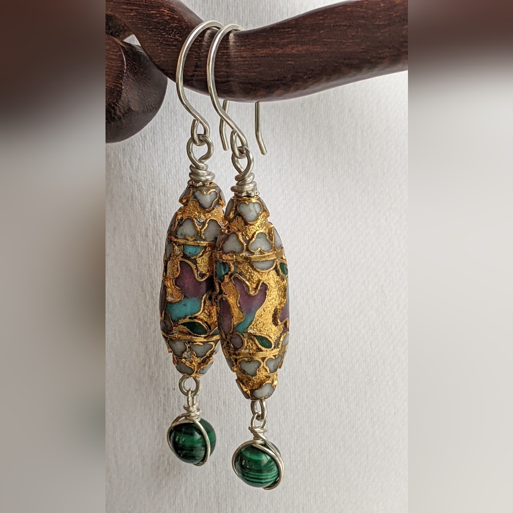 Authentic Vintage Cloisonne Earrings Sterling Silver Gold Toned with Malachite - Picture 10 of 12
